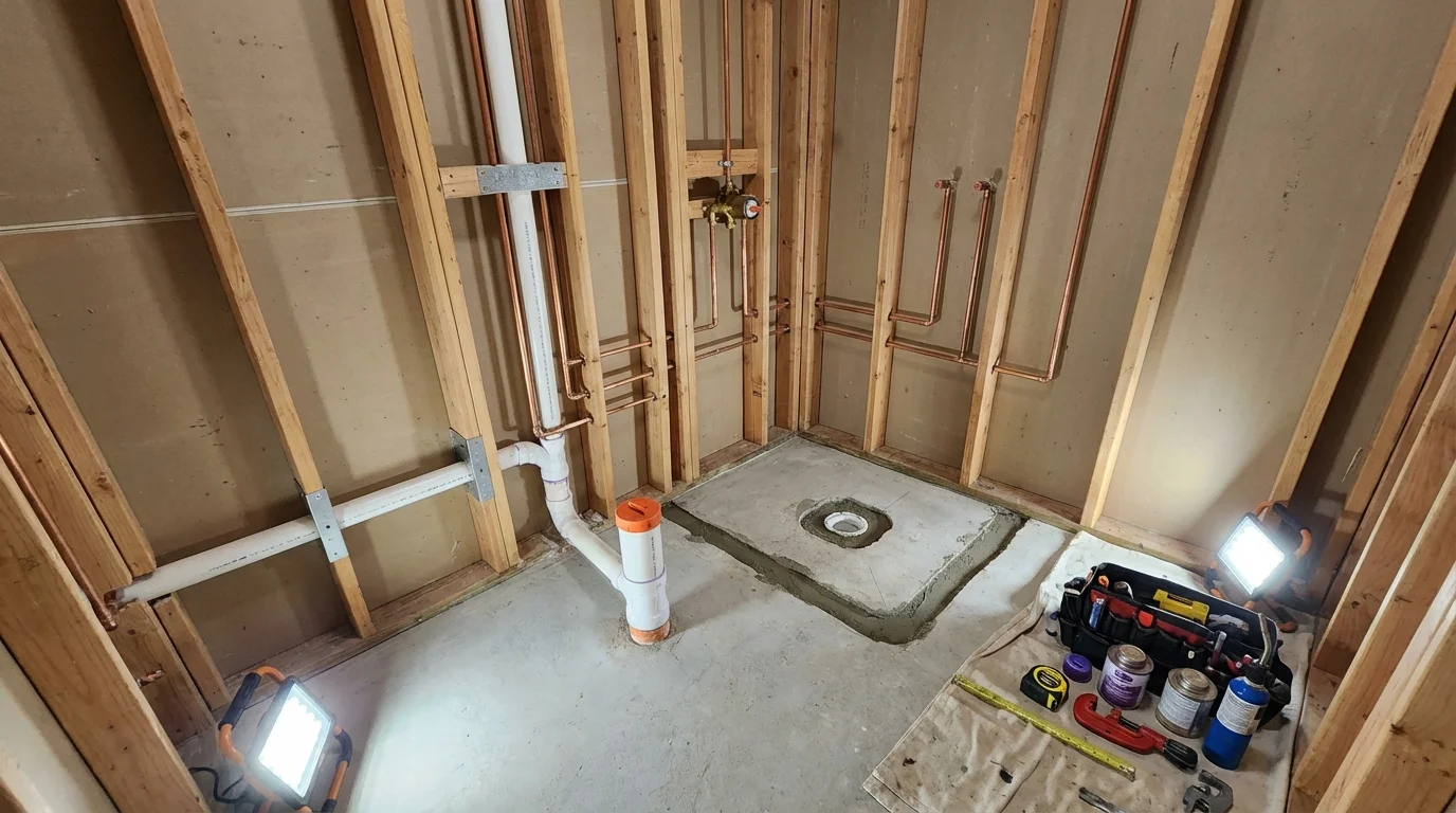Bathroom rough-in plumbing during remodel by Johns Plumbing LLC in Peshtigo