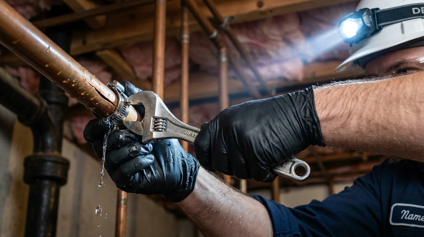 Emergency pipe clamp repair being performed by a Johns Plumbing LLC plumber in Peshtigo