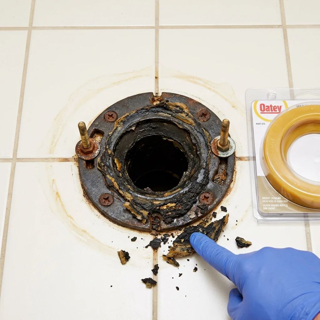Failed wax ring showing water seepage at the base of a toilet in a Peshtigo, WI home