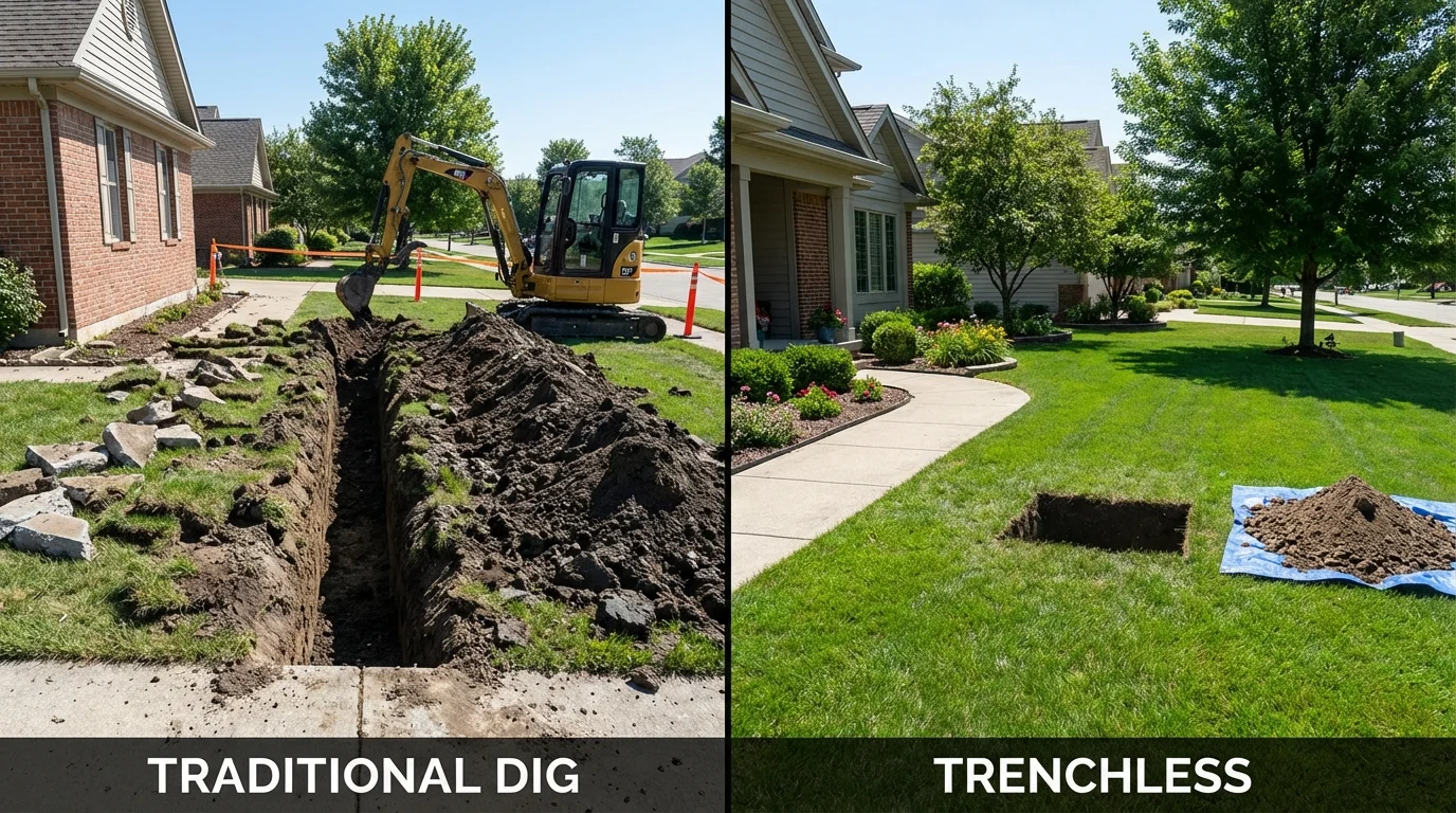 Trenchless sewer repair with minimal yard damage versus traditional excavation in Peshtigo, WI